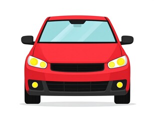 A frontal view of a red passenger automobile isolated against a stark white backdrop. This car illustration portrays a flat, cartoonish aesthetic
