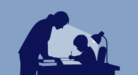 Adult and child learning together at a desk with a bright lamp illuminating their focused study session in a blue monochromatic illustration.