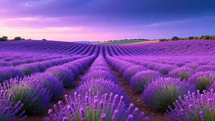 Obraz premium Vast Lavender Fields Under a Twilight Sky