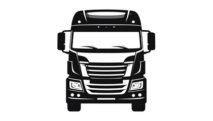 A frontal view of a stylized, black-and-white semi-truck with a modern, angular design, isolated on a white backdrop