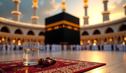 A daylight view of the Kaaba in Mecca with a glass of water and a plate of dates on a red patterned rug in the foreground, HD and 4k image
