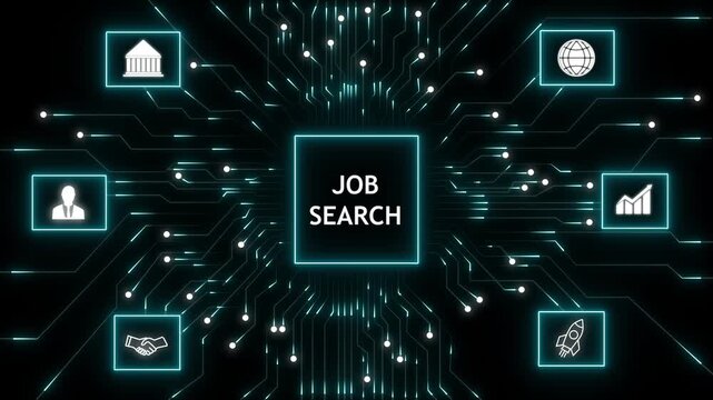 Futuristic digital interface showing job search at center with neon circuit lines and icons for resume, networking, analytics, global web, education, and startup rocket on dark background.