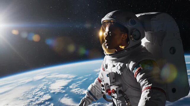 Astronaut Floating in Space Above Earth with Sun Flare