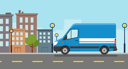 Blue delivery van driving on a city street with buildings, streetlights, and a tree in the background, illustrating urban logistics and transportation.