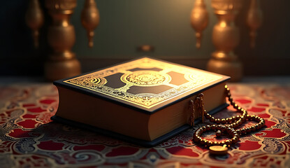 A close-up of an Islamic book with gold motifs on a red-and-white floral rug, a prayer bead string draped across, and softly blurred lamps in the background, 32K resolution