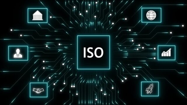 Futuristic digital illustration of iso standard at center of glowing circuit network with icons for governance, global web, analytics, startup and partnership on dark tech background.