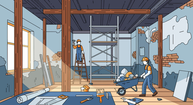 Two construction workers actively renovating an old room interior with exposed brick walls, wooden beams, and various tools scattered around.