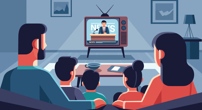 Family watching television news broadcast together in their cozy living room, staying informed about current events and world affairs.