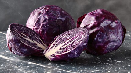 Fototapeta premium Red cabbage photographed on terrazzo surface, modern kitchen trend styling