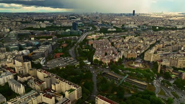 Paris, France - 25.07.2025: Panoramic view of Paris. Aerial view of stadiums Le Parc des Princes and Stade Jean-Bouin in Paris