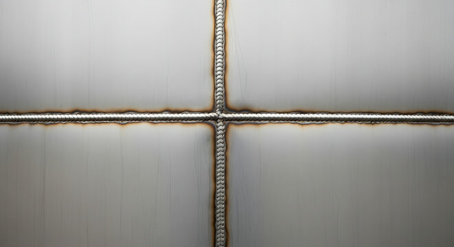 Close-up shot of welded metal seams forming a grid pattern on a metallic surface