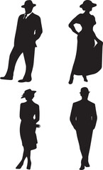 Man and woman standing pose silhouette black full body isolated on white background