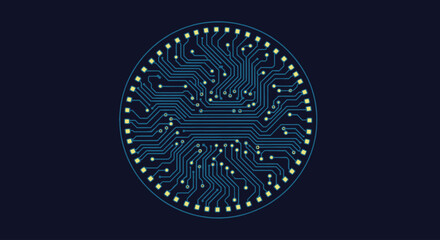 Circular circuit board pattern with blue traces and yellow connection points on dark blue background
