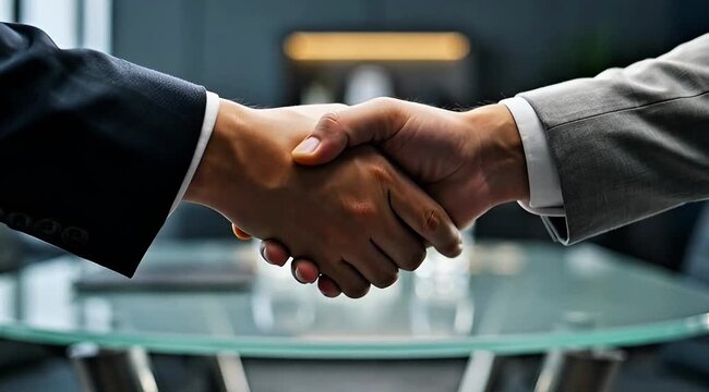 A business partnership confirmed with a firm handshake on a table