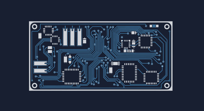 Electronic circuit board with blue lines and components on dark background, flat design vector