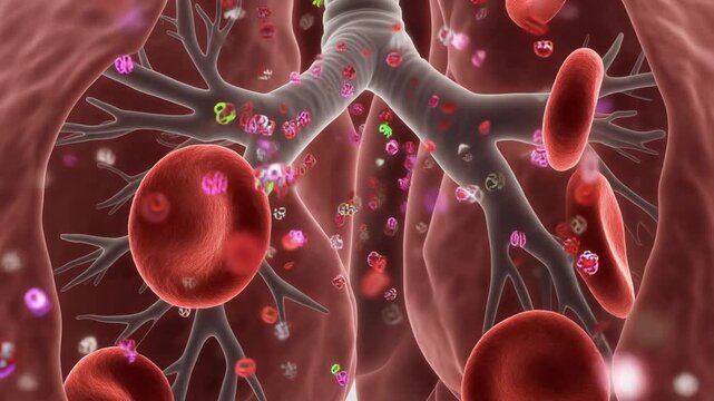 Close up of alveoli in lungs showing oxygen moving to blood cells and carbon dioxide leaving the body
