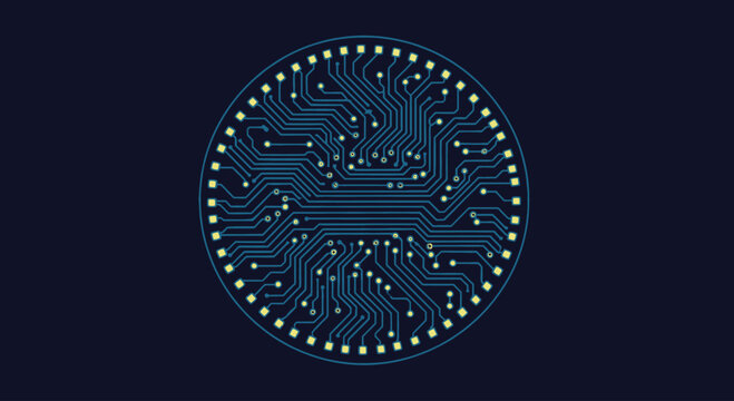 Circular circuit board pattern with blue traces and yellow connection points on dark blue background