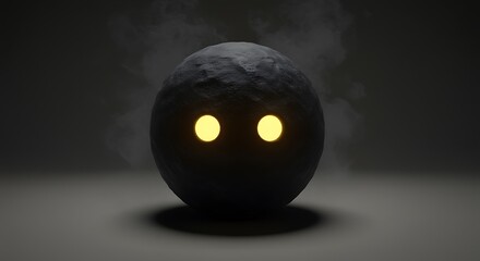 Obraz premium Glowing yellow eyes on a dark round object with smoke