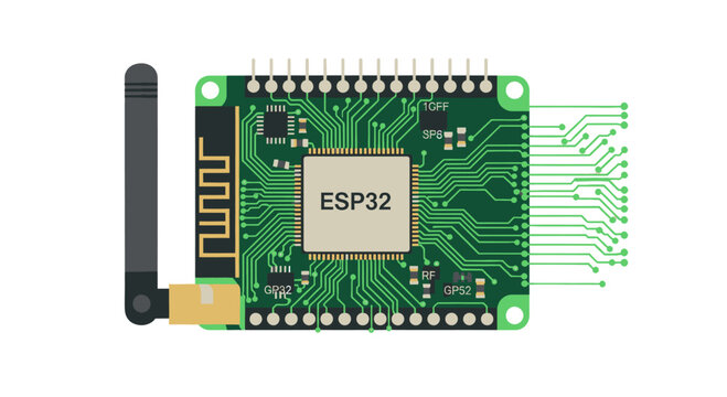 Green PCB board with ESP32 chip and antenna, circuits and pins, flat design