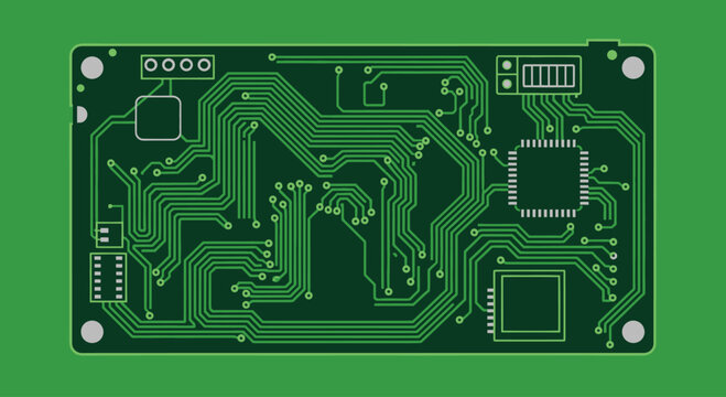 Green electronic circuit board with intricate pathways and components on a solid background.