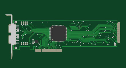 Green Printed Circuit Board with Chip and Connectors, Electronic Component