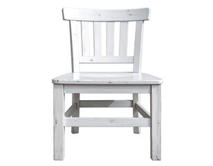 A frontal view showcases a white, rustic-style wooden chair, featuring vertical back slats and a square seat, set against a blank backdrop