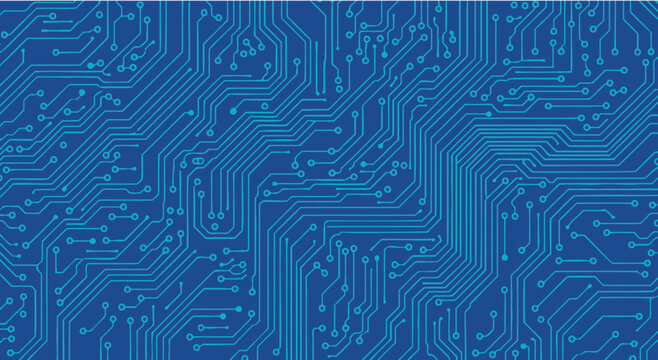 Abstract blue electronic circuit board pattern with intricate pathways and connections