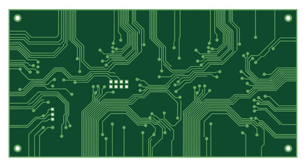 Green circuit board with intricate pathways and components, abstract technology background