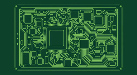 Green circuit board schematic with microchip and components, digital technology concept
