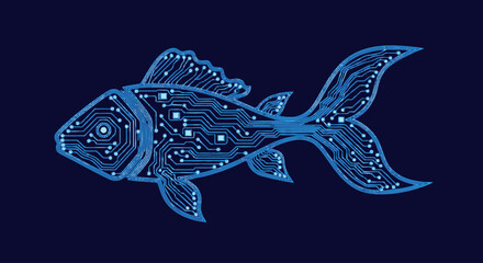 Blue electronic fish shape with circuit board pattern on dark background, vector art