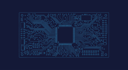 Circuit board with microchip and electronic pathways on dark blue background, clean line art style