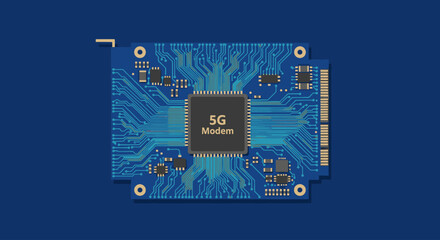 Electronic circuit board with 5G modem chip, blue lines on dark blue background, flat design vector