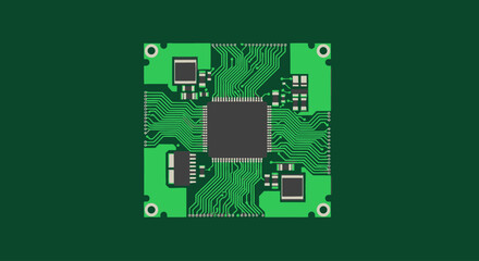 Green PCB circuit board with central processor and electronic components on dark green background