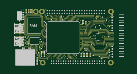 Green circuit board with rectangular chip, RAM module, and USB ports, flat design style.