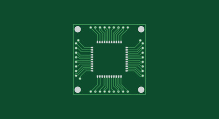 Green circuit board with central square chip and radiating pins, clean flat design.