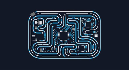 Stylized electronic circuit board with microchips and components, blue and white lines on dark background