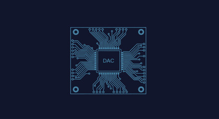 Digital to Analog Converter integrated circuit on a dark blue background, flat design vector.