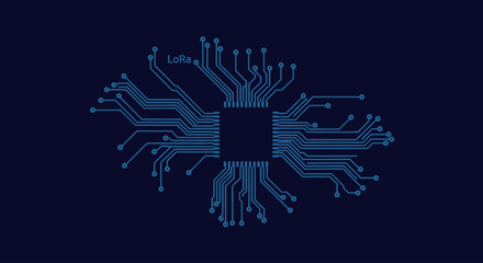 Blue circuit board traces and microchip on dark background, abstract technology concept