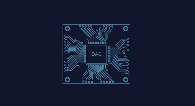 Digital to Analog Converter integrated circuit on a dark blue background, flat design vector.