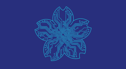 Blue circuit board pattern shaped like a flower on dark blue background