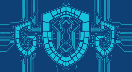 Digital shield icons with circuit board patterns on blue background, technology and security concept