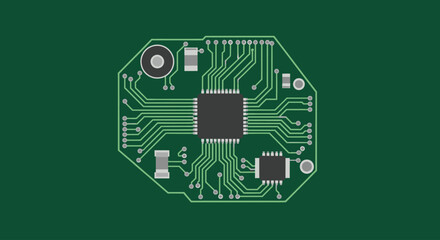Close-up of a green circuit board with a central black square chip and surrounding electronic components, flat design.