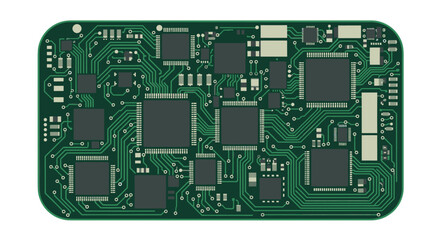 Green printed circuit board with various electronic components and intricate pathways, flat design vector.