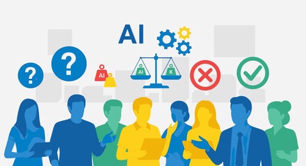 Diverse people evaluating artificial intelligence concepts, weighing its pros and cons with various symbols and question marks on a light background.