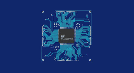 Electronic circuit board with central processor and intricate pathways on a blue background, flat design vector.