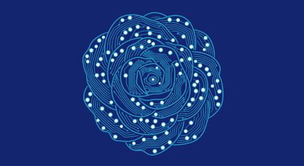 Blue digital rose illustration with circuit board pattern and white dots on a dark blue background