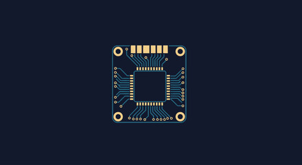 Square circuit board with central chip and radiating lines on dark blue background, flat design vector.