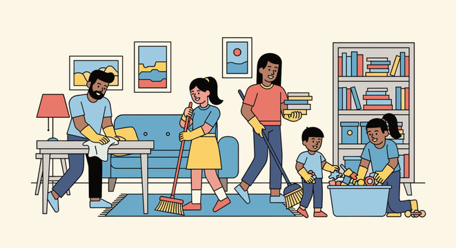 Happy diverse family members performing various household chores together, maintaining a tidy and well-kept home interior with modern furniture.