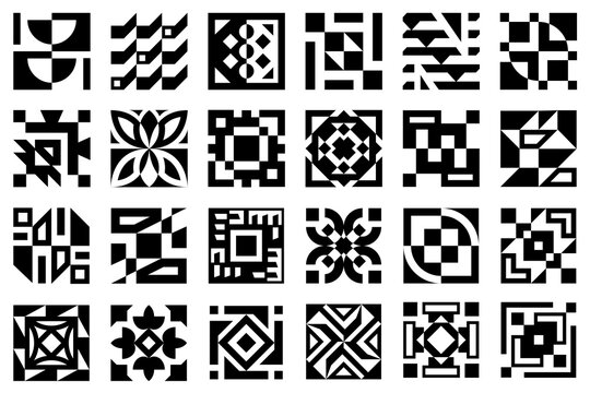 A collection of 24 black and white geometric square icons featuring abstract, tribal, and minimalist patterns. Perfect for modern logos, ethnic branding, decorative tile designs, and graphic elements.