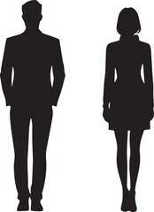 Man and woman standing pose silhouette black full body isolated on white background